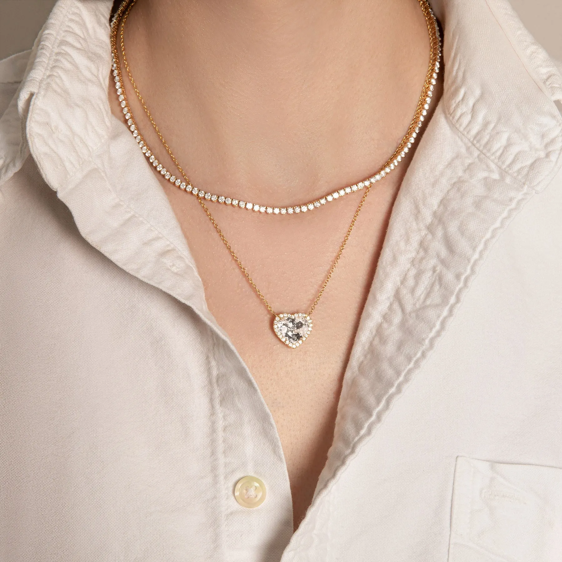 14KT Yellow Gold White Topaz Diamond Heart Necklace