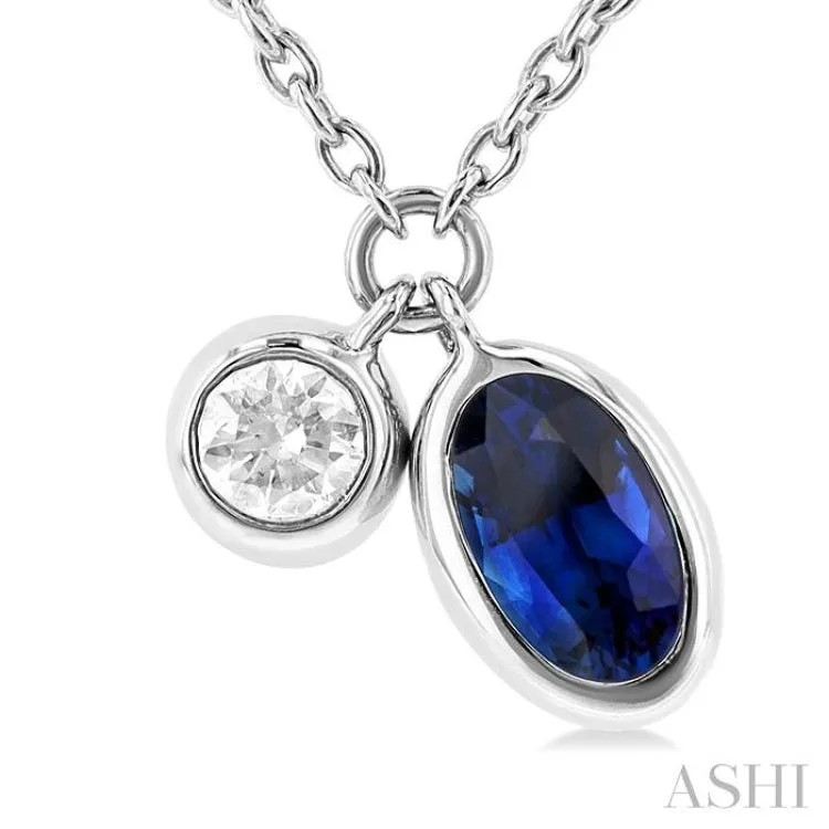 1/50 ctw Oval Cut 6X4MM sapphire and Bezel Set Round Cut Diamond Precious Necklace in 10K White Gold