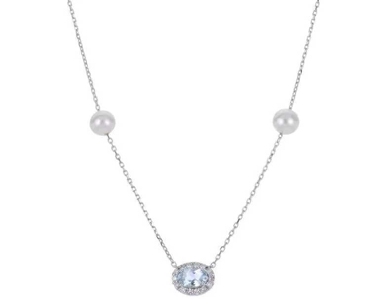 16 inch Fresh Water Pearl, Aquamarine and Natural Diamond Necklace 14K White Gold