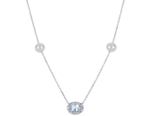 16 inch Fresh Water Pearl, Aquamarine and Natural Diamond Necklace 14K White Gold