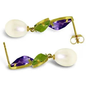 16.6 Carat 14K Solid Yellow Gold Earrings Peridot, Amethyst Pearl