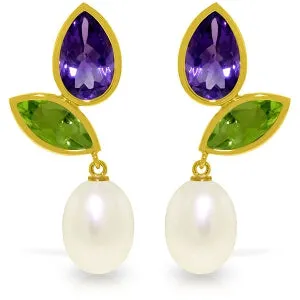 16.6 Carat 14K Solid Yellow Gold Earrings Peridot, Amethyst Pearl