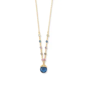 16"   2" 14 Karat Gold Plated Blue Glass Drop Necklace