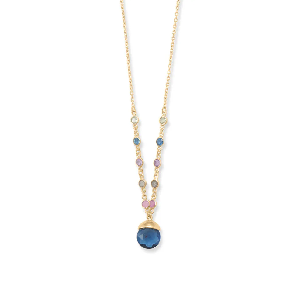 16"   2" 14 Karat Gold Plated Blue Glass Drop Necklace