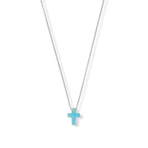 16"   2" Rhodium Plated Synthetic Opal Cross Necklace