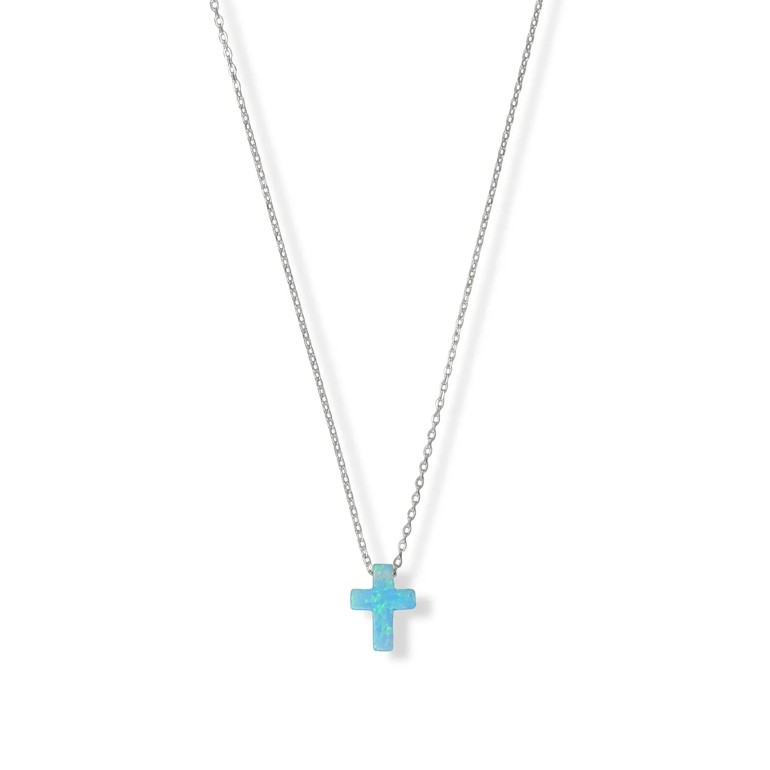 16"   2" Rhodium Plated Synthetic Opal Cross Necklace