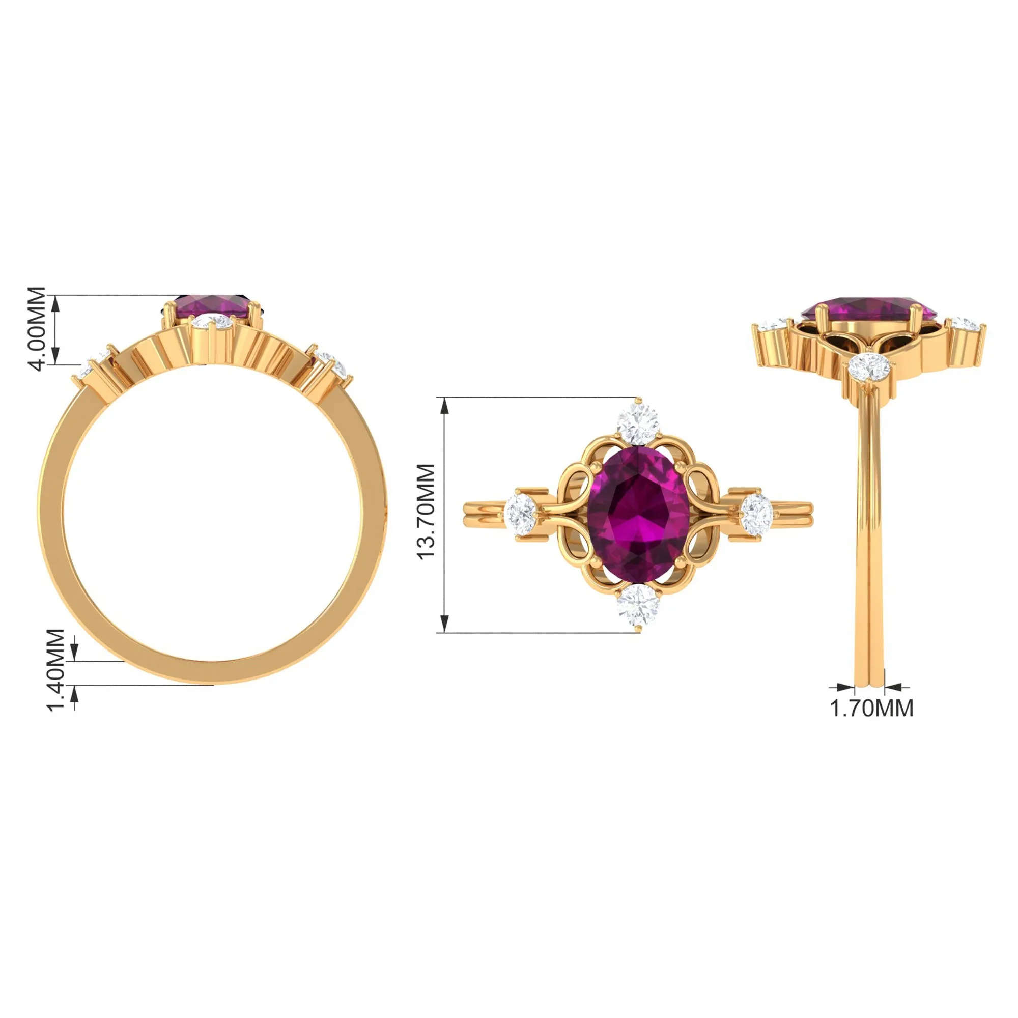 1.75 CT Oval Shape Rhodolite and Diamond Cocktail Ring