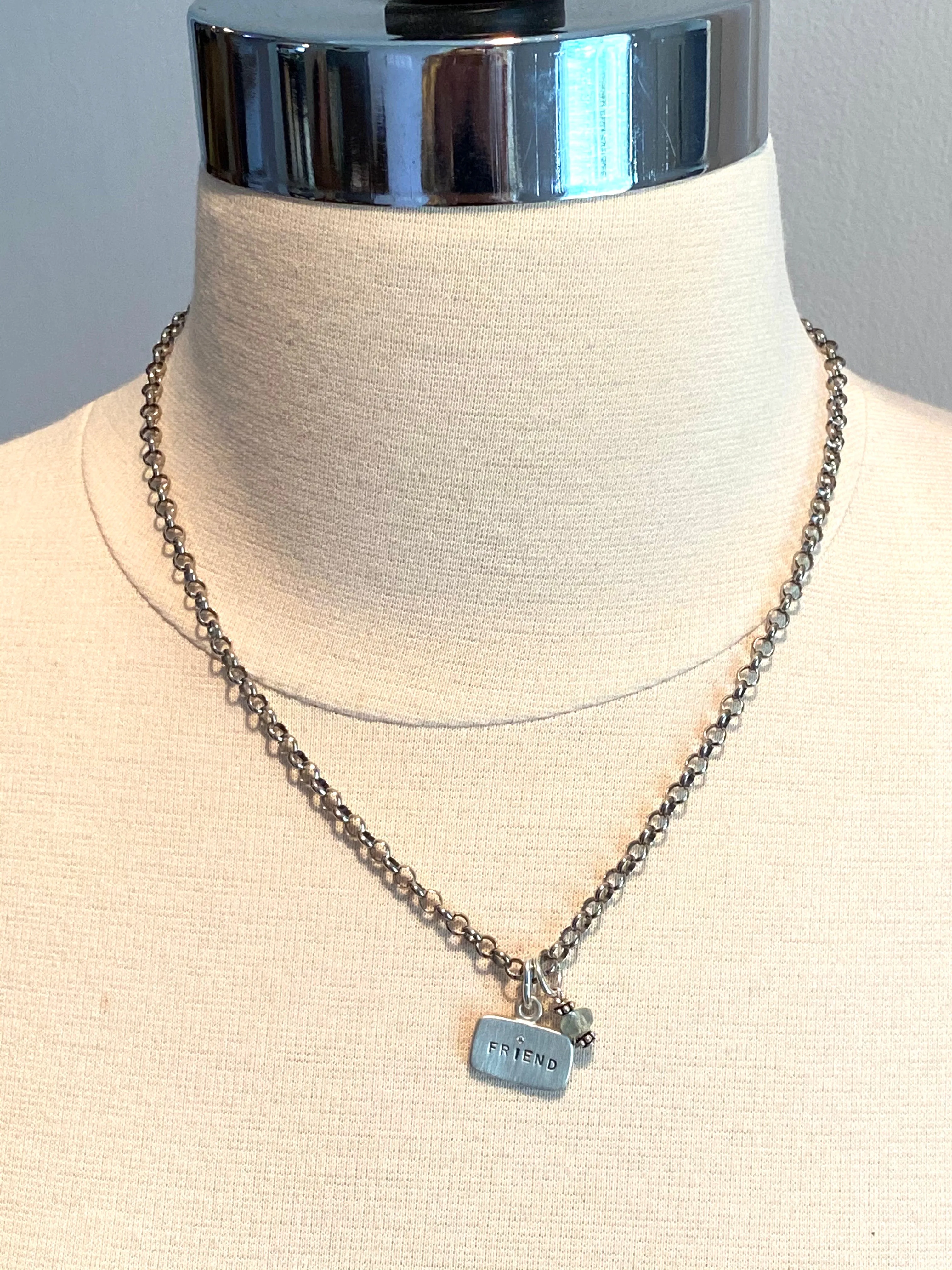 18” Sterling 'Friend' Diamond Tag Aquamarine Charm Necklace