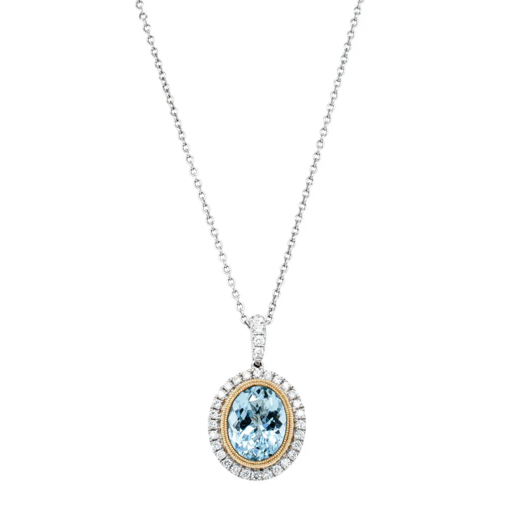 18ct White Gold & Yellow Gold Aquamarine & Diamond Halo Pendant