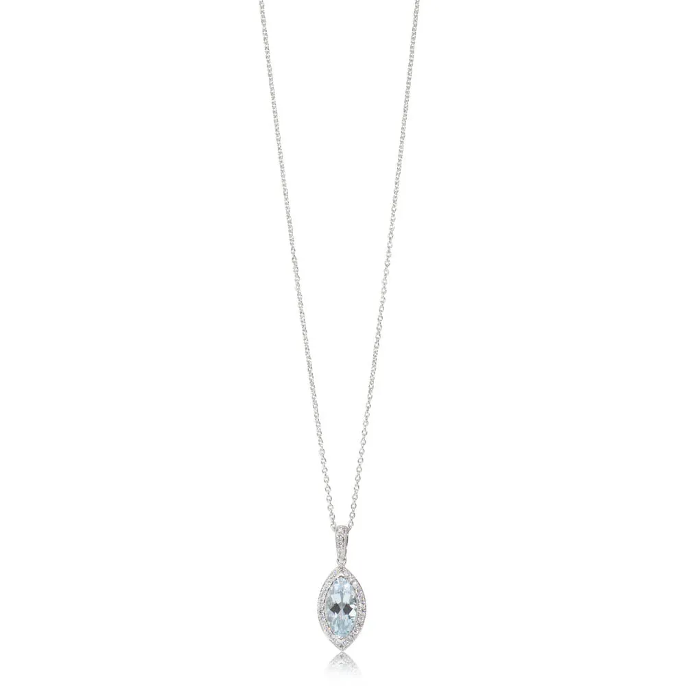 18ct White Gold Aquamarine & Diamond Halo Pendant