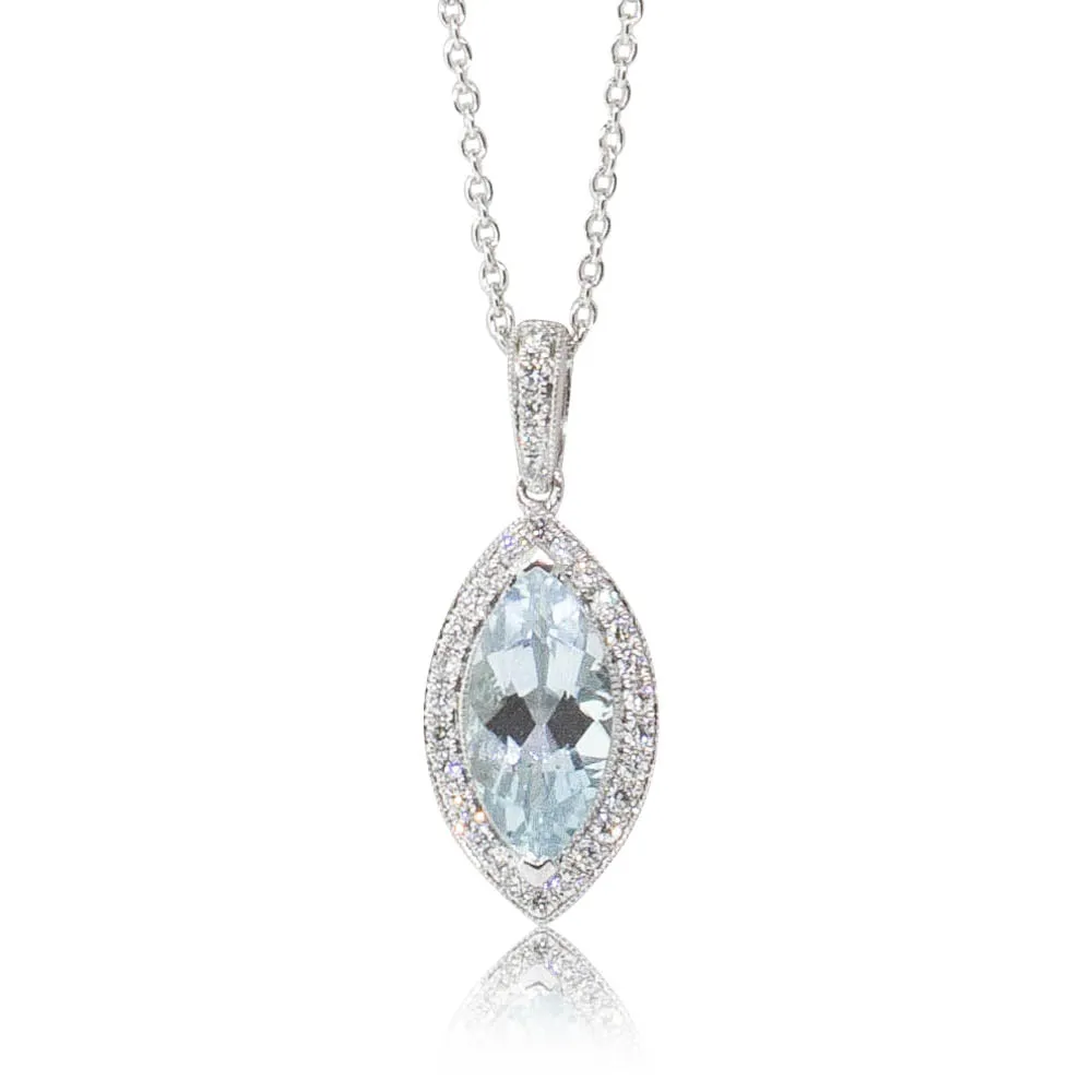 18ct White Gold Aquamarine & Diamond Halo Pendant