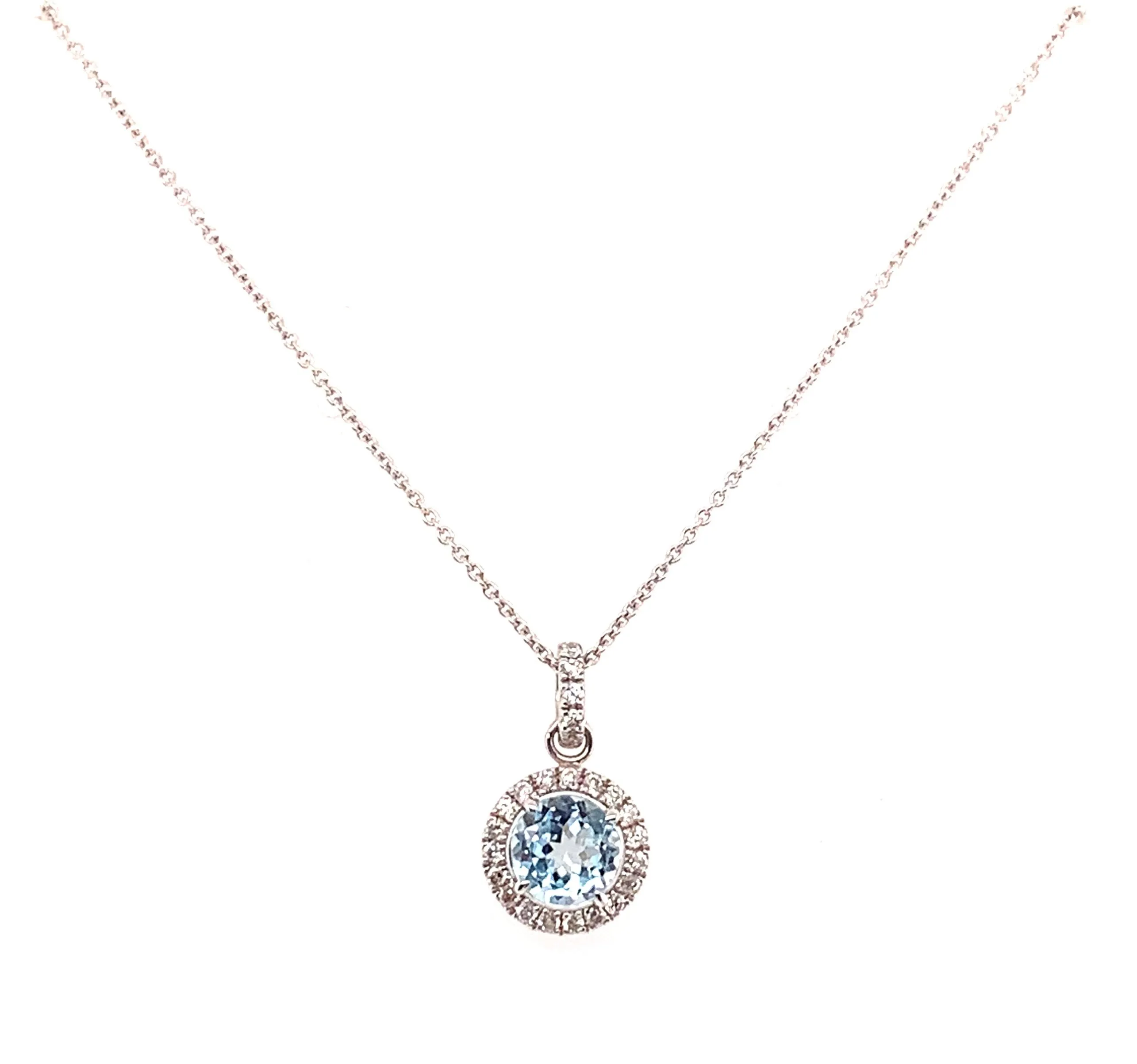 18ct White Gold Earth Grown Aquamarine And Diamond Halo Pendant