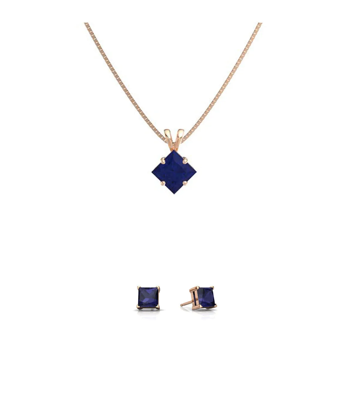 18K Rose Gold 1/2ct Blue Sapphire Square 18 Inch Necklace and Earrings Set Plated