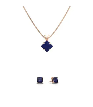 18K Rose Gold 1/2ct Blue Sapphire Square 18 Inch Necklace and Earrings Set Plated