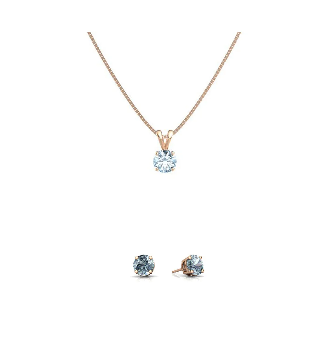 18K Rose Gold 1ct  Aquamarine Round 18 Inch Necklace and Earrings Set Plated