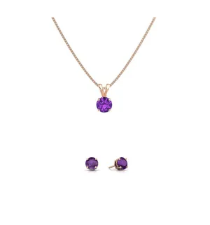 18K Rose Gold 4ct Amethyst Round 18 Inch Necklace and Earrings Set Plated