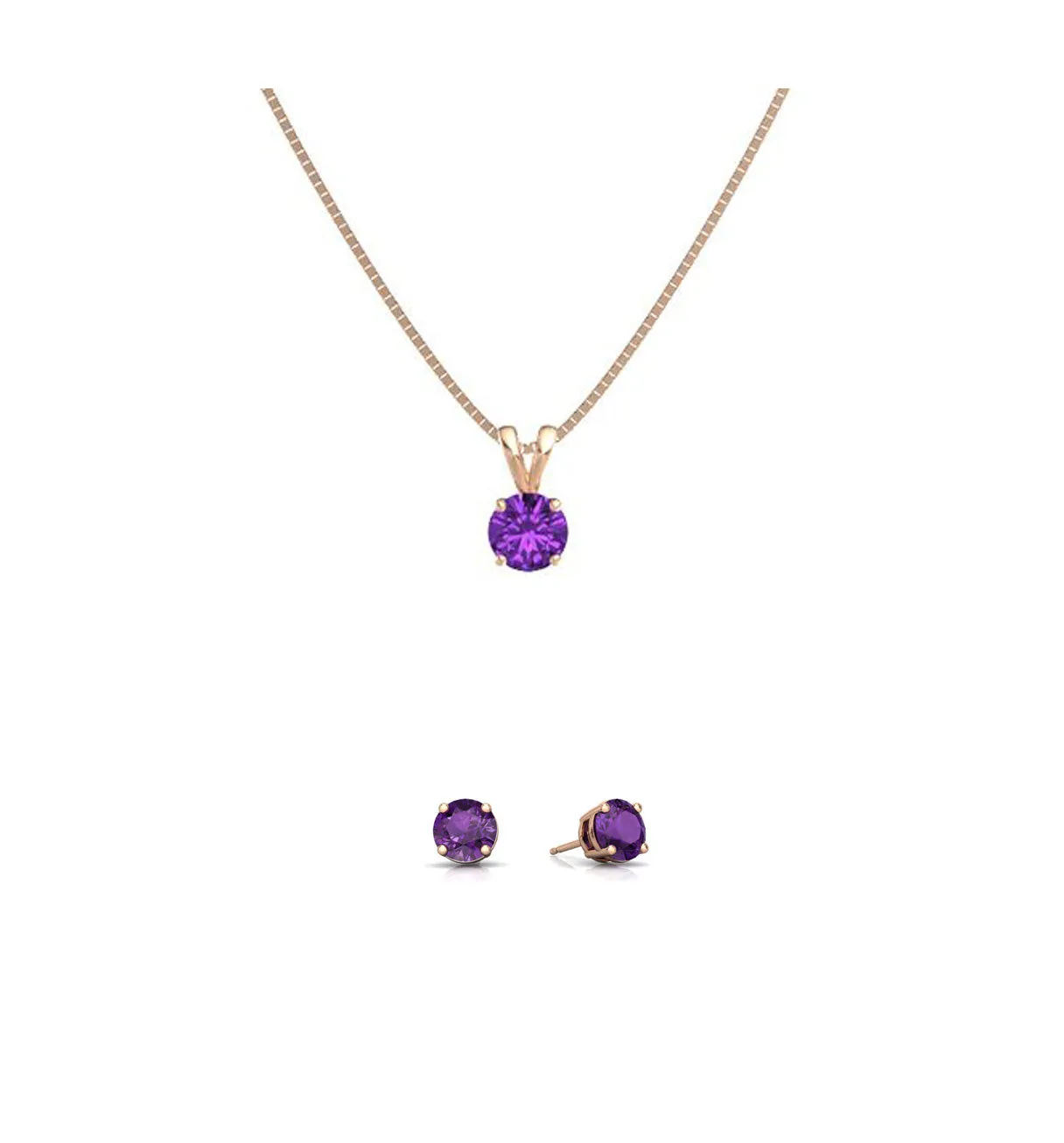 18K Rose Gold 4ct Amethyst Round 18 Inch Necklace and Earrings Set Plated