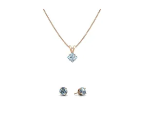 18K Rose Gold 4ct Aquamarine Square 18 Inch Necklace and Round Earrings Set Plated