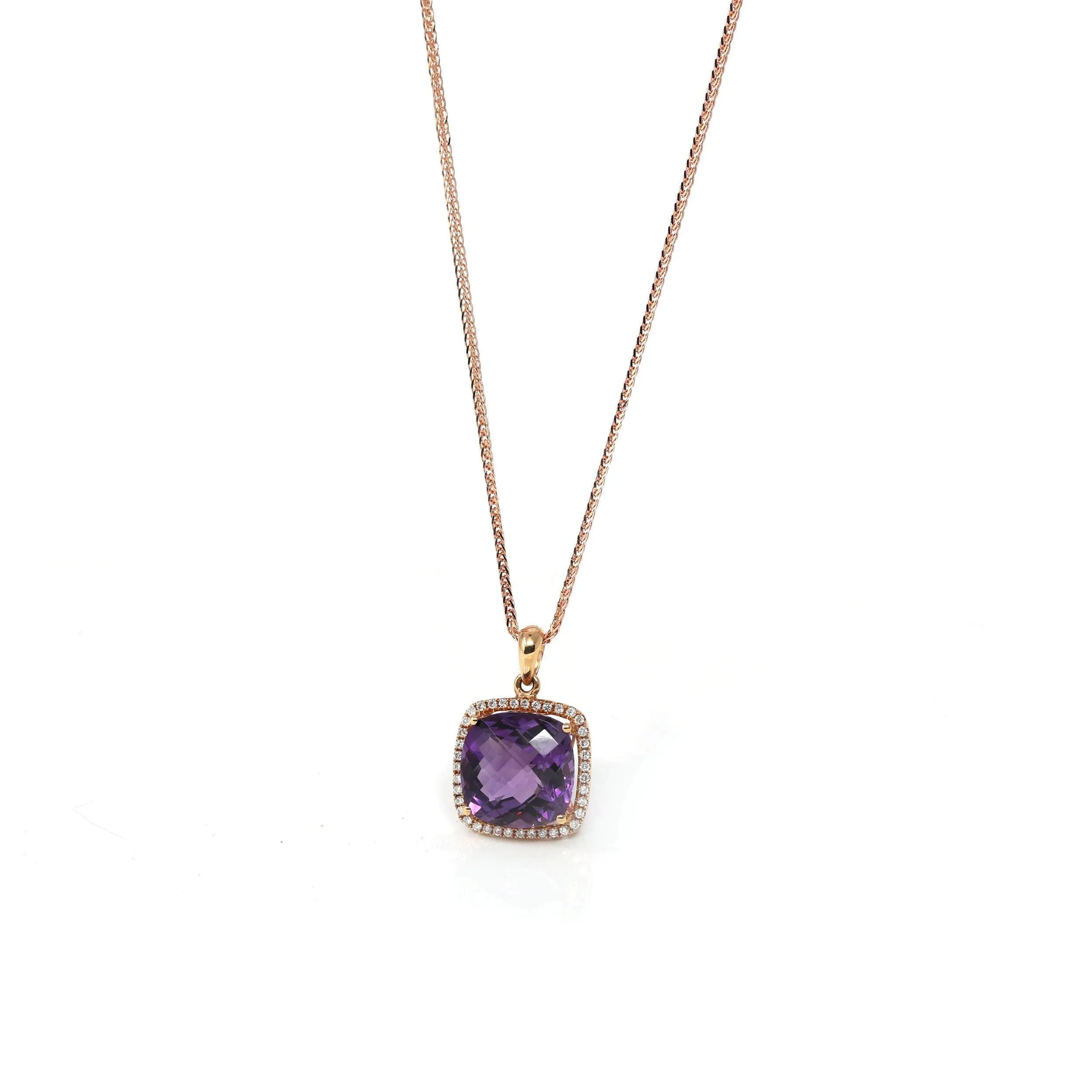 18K Rose Gold AA Royal Amethyst Cushion Cut Pendant Necklace With Diamonds