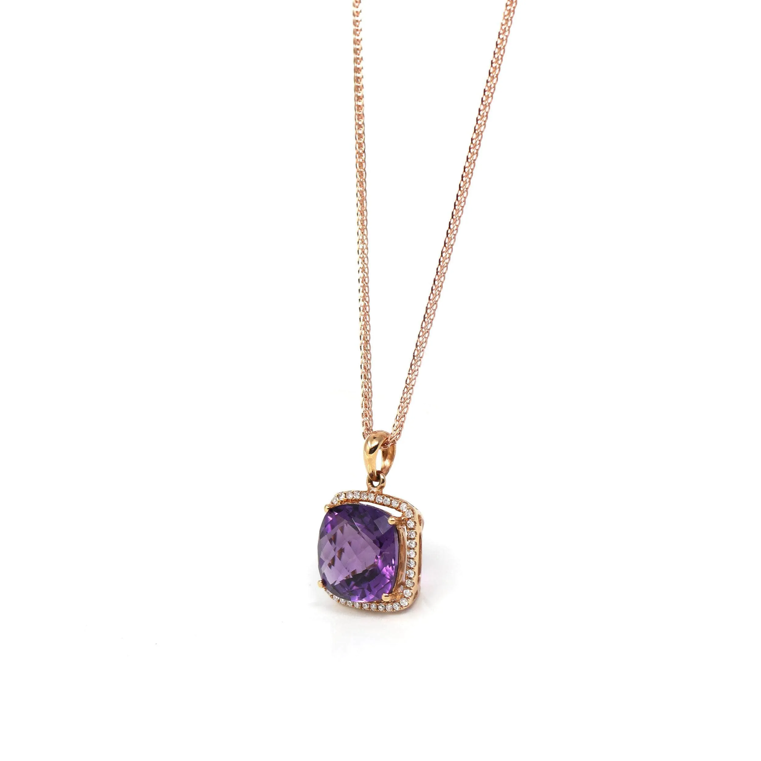 18K Rose Gold AA Royal Amethyst Cushion Cut Pendant Necklace With Diamonds