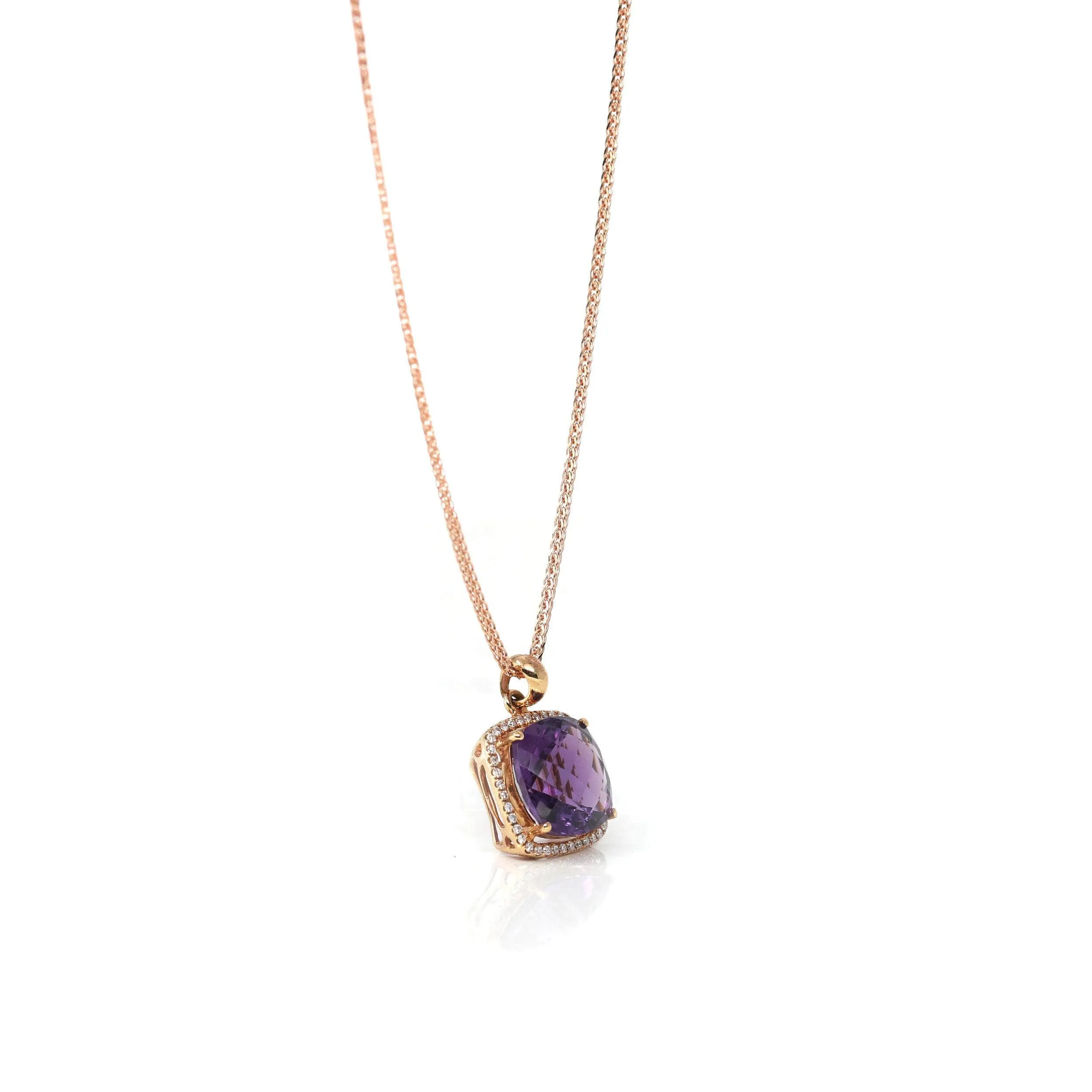 18K Rose Gold AA Royal Amethyst Cushion Cut Pendant Necklace With Diamonds