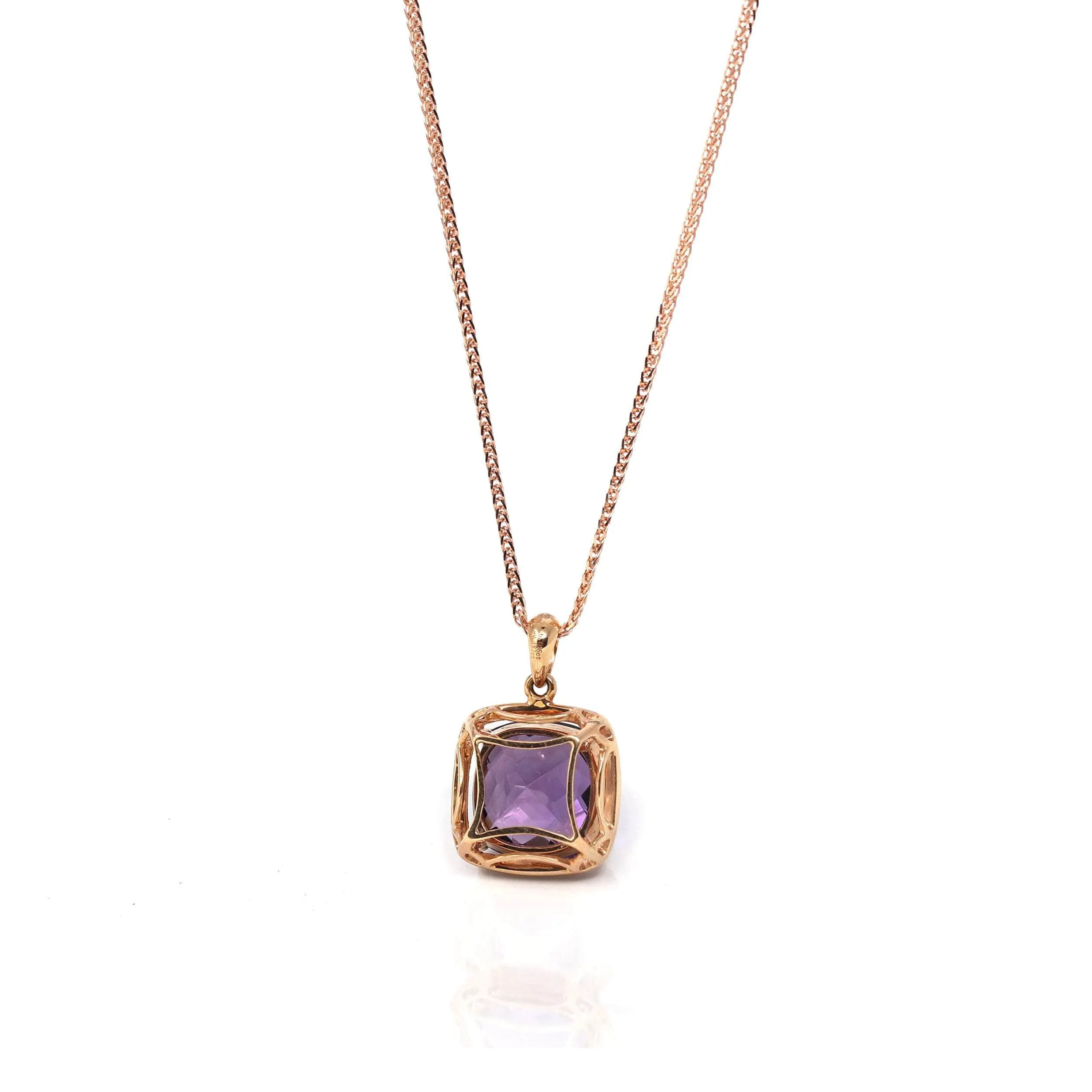 18K Rose Gold AA Royal Amethyst Cushion Cut Pendant Necklace With Diamonds