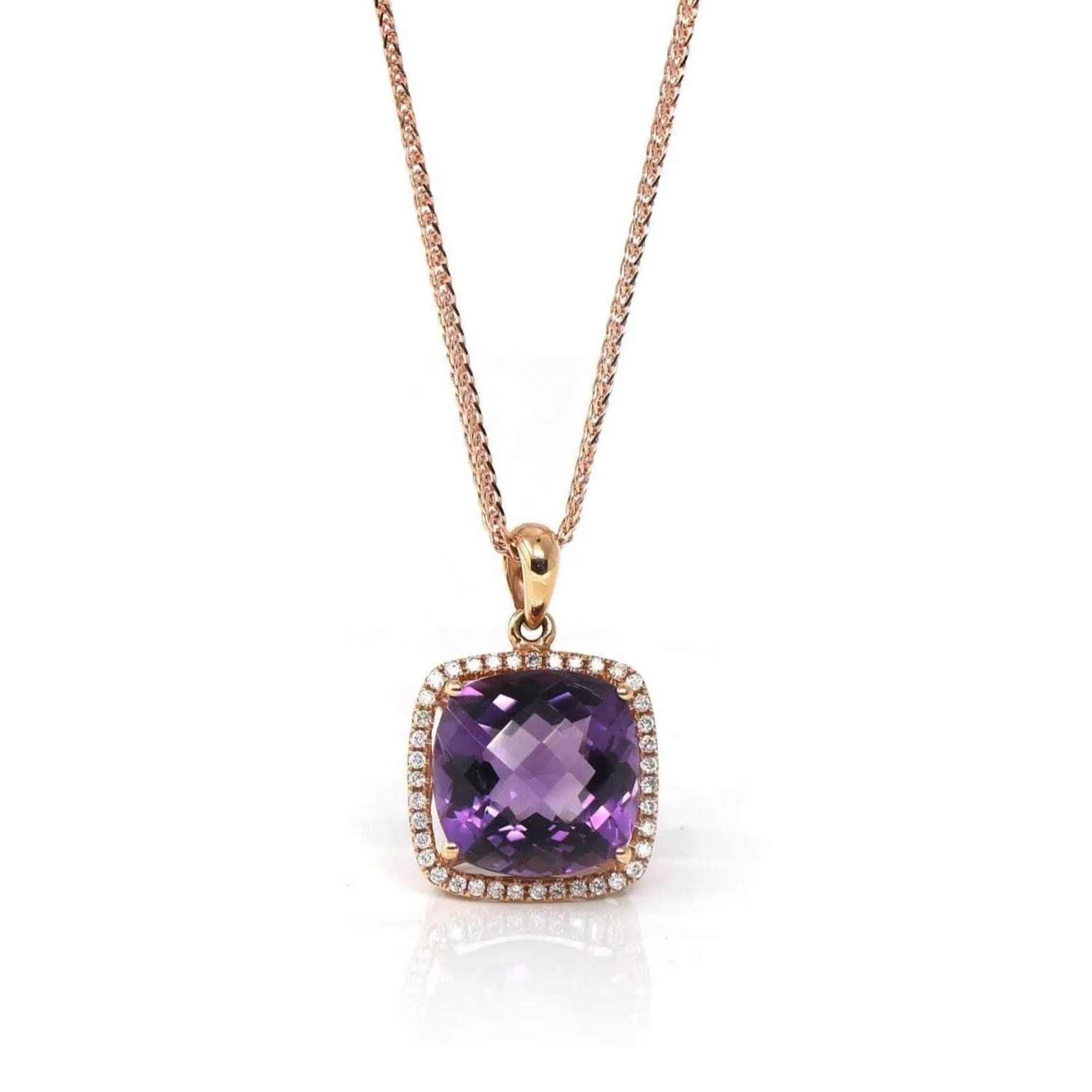 18K Rose Gold AA Royal Amethyst Cushion Cut Pendant Necklace With Diamonds