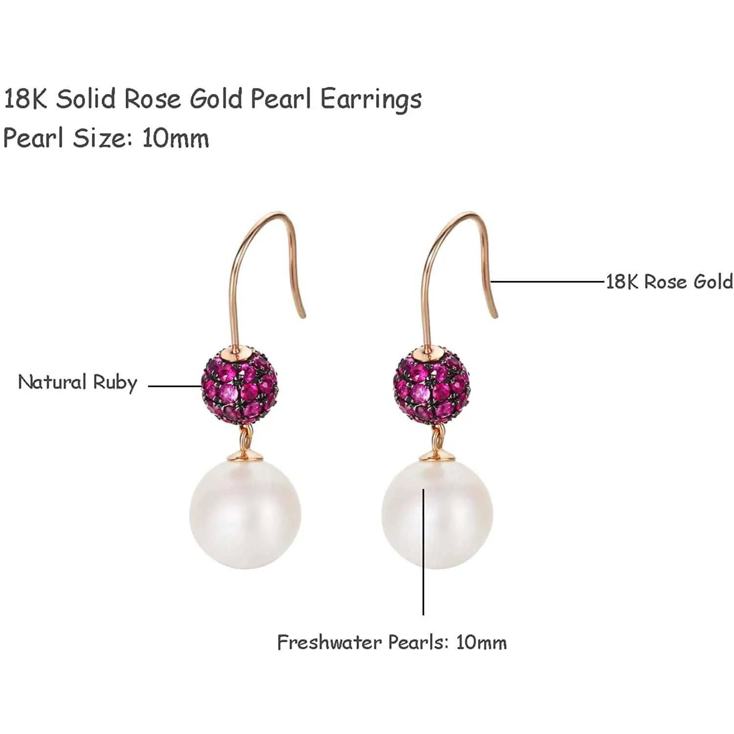 18K Solid Rose Gold White Freshwater Pearl Natural Ruby Tourmaline Diamond Drop Earrings