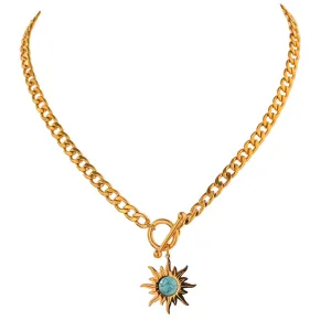 18K titanium steel necklace women's sunflower turquoise pendant collarbone necklace