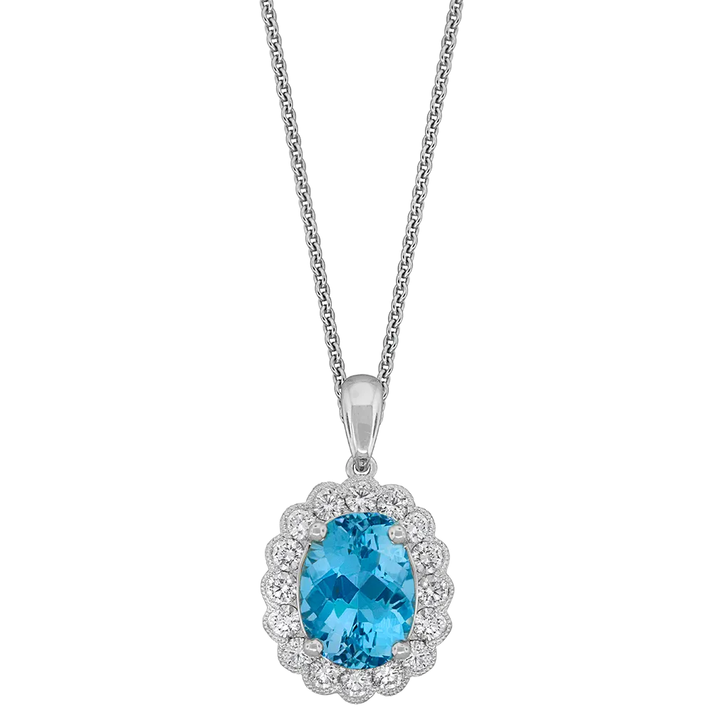 18K White Aquamarine and Natural Diamond 17 inch Necklace