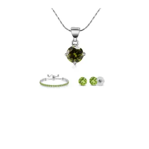 18k White Gold 6 Ct Round Created Peridot Set of Necklace, Earrings and Bracelet Plated