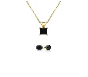 18K Yellow Gold 1/2ct Black Sapphire Princess Cut 18 Inch Necklace and Round Earrings Set Plated