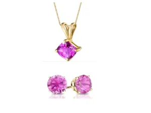 18K Yellow Gold 1/2ct Pink Sapphire Square 18 Inch Necklace and Round Earrings Set Plated