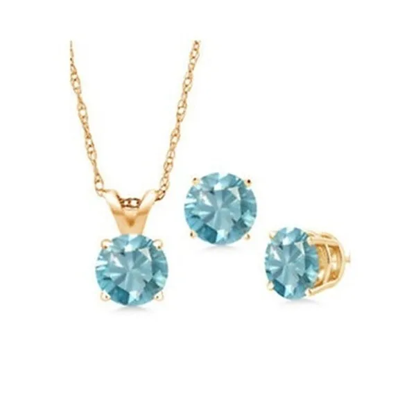 18K Yellow Gold 1ct  Aquamarine Round 18 Inch Necklace and Earrings Set Plated