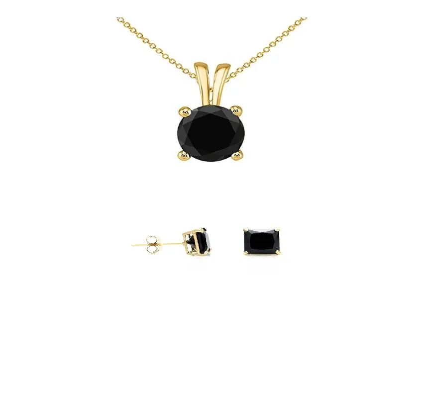 18K Yellow Gold 2ct Black Sapphire Round 18 Inch Necklace and Square Earrings Set Plated