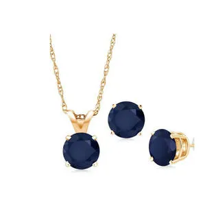 18K Yellow Gold 4ct Blue Sapphire Round 18 Inch Necklace and Earrings Set Plated