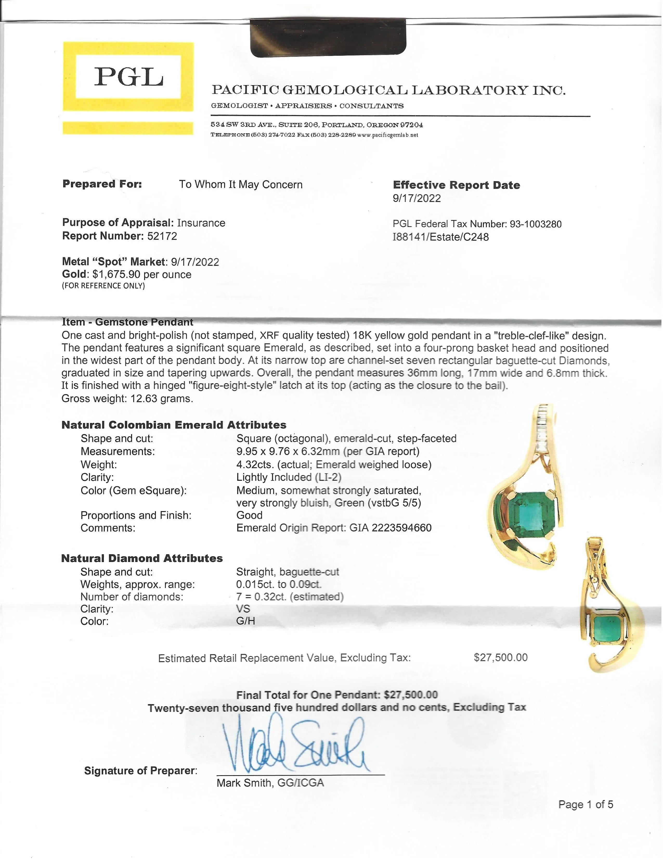 18k Yellow Gold Natural 4.23ct GIA Colombia Emerald Free From Necklace With Diamonds