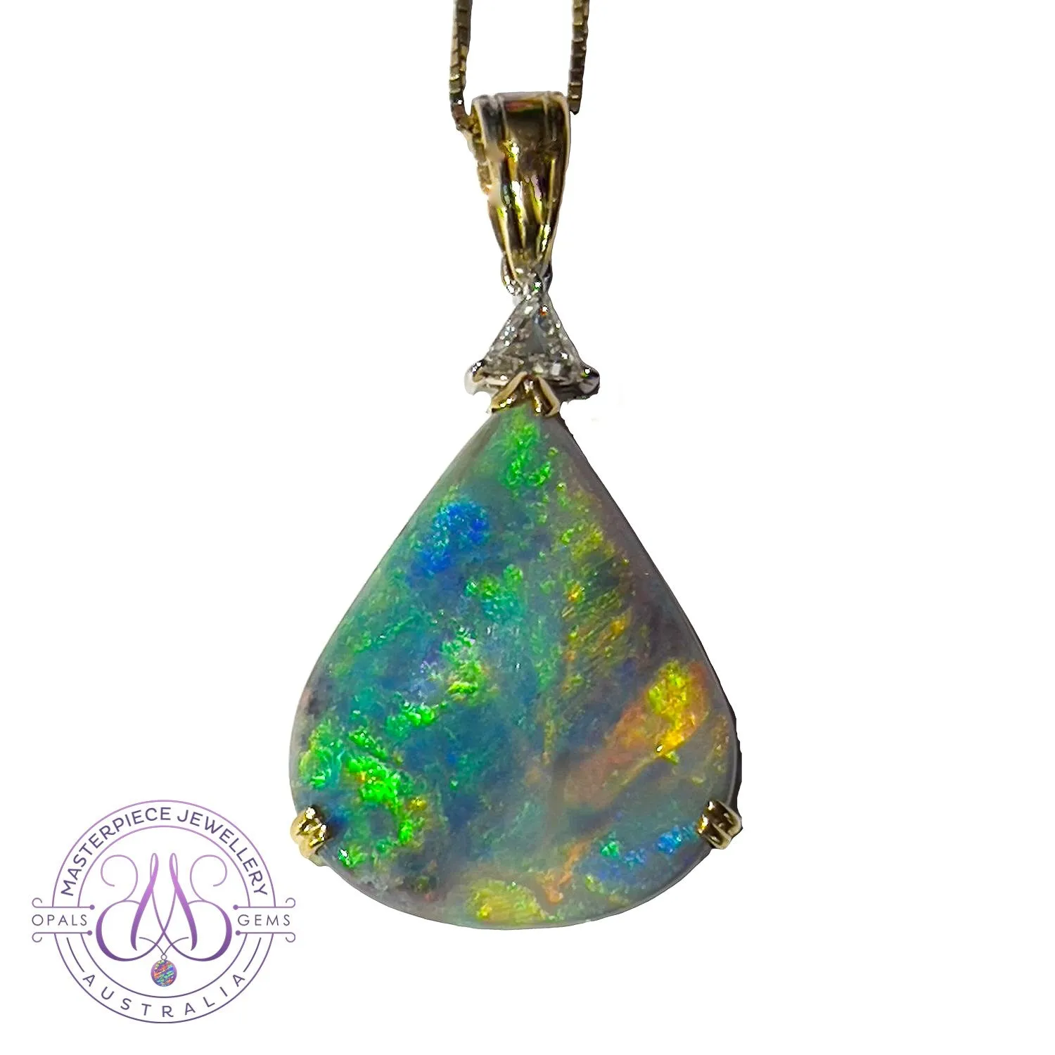 18kt Yellow Gold Pear shape Black Opal 20.05ct and Trillion cut diamond pendant