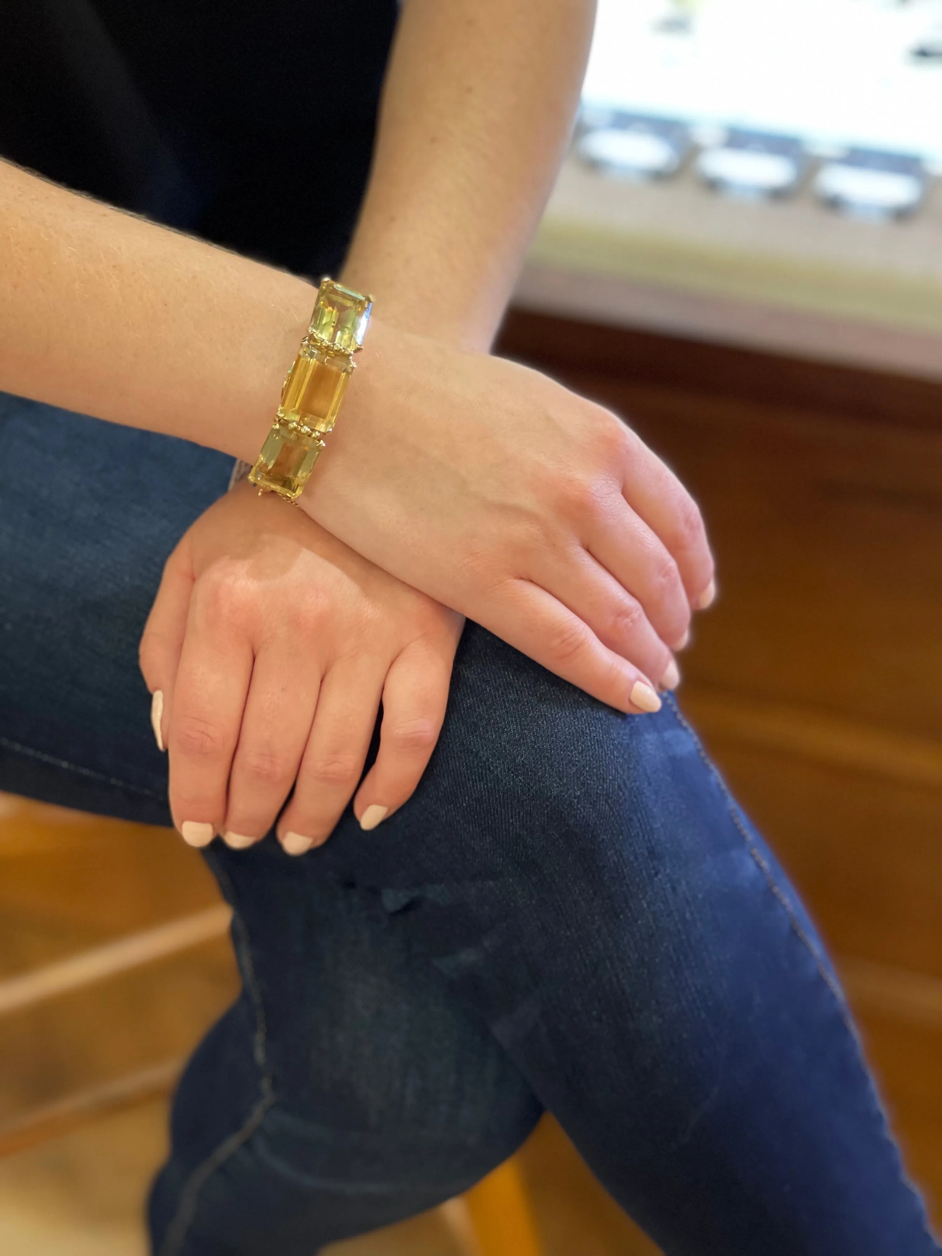 1950's 14K Yellow Gold and 76CT Citrine Hinge Bangle Bracelet