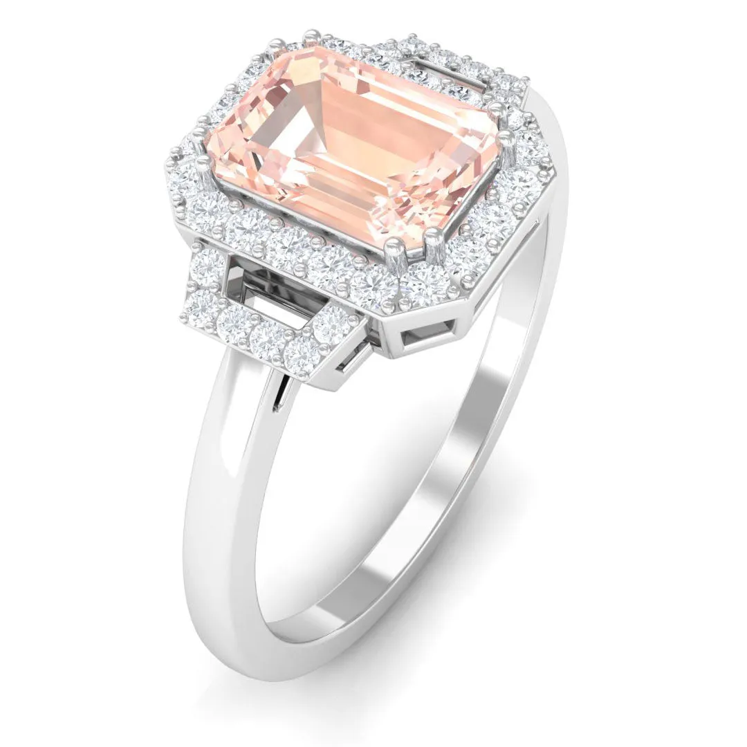 2.25 CT Emerald Cut Morganite Cocktail Engagement Ring with Diamond