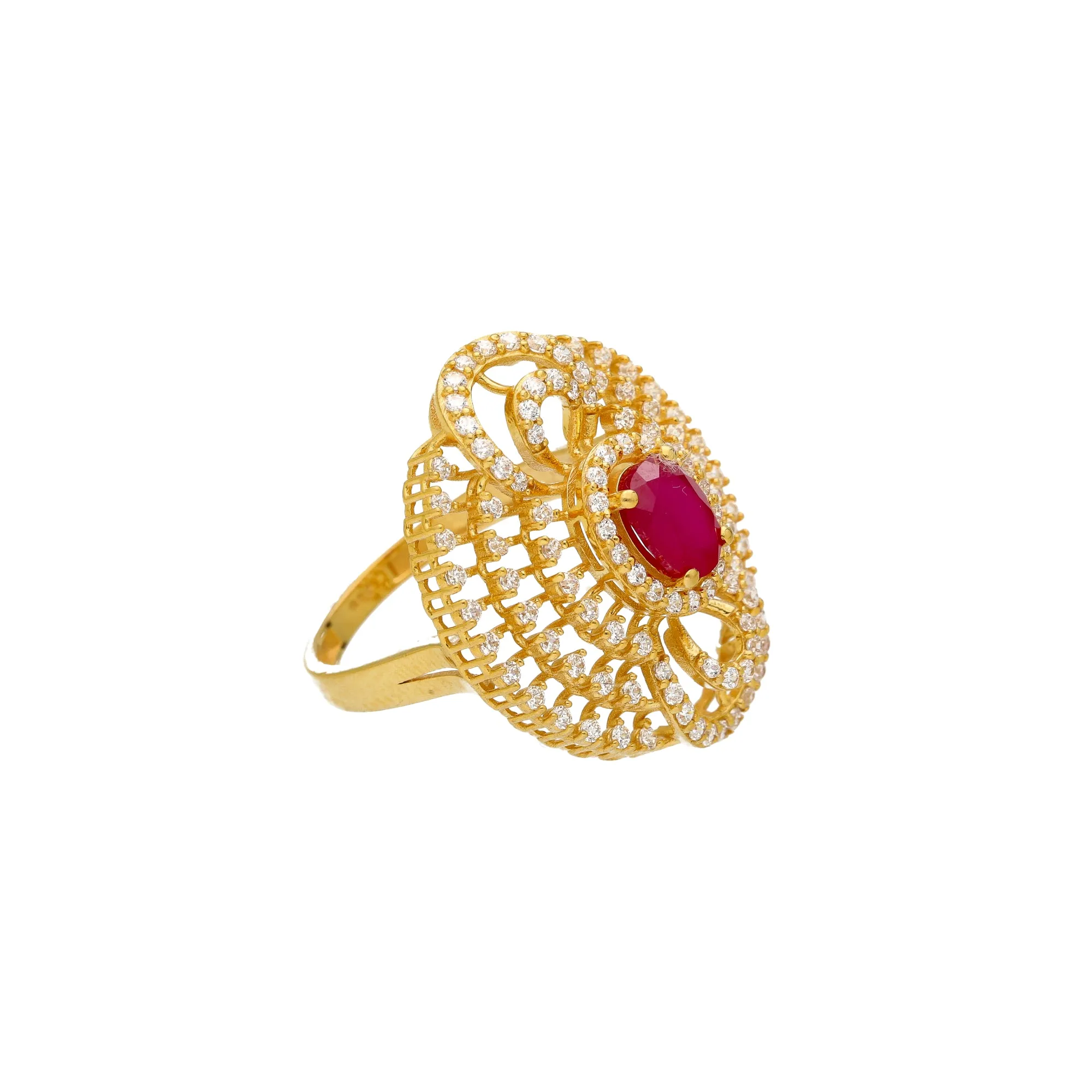 22K Yellow Gold, CZ, and Ruby Cocktail Ring (6.7grams)