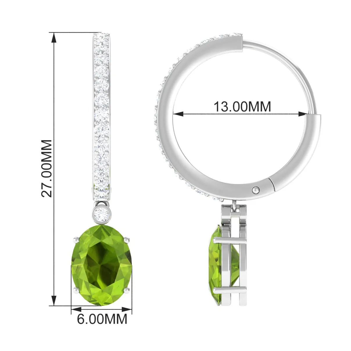 3 CT Oval Peridot Hoop Drop Earrings with Diamond