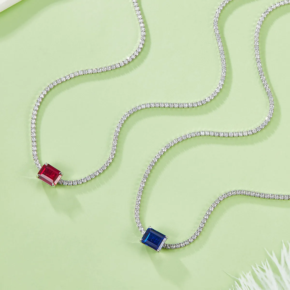 4.0 Carat Rectangular Lab-Grown Sapphire and Ruby Tennis Necklace in S925 Silver and Platinum Finish