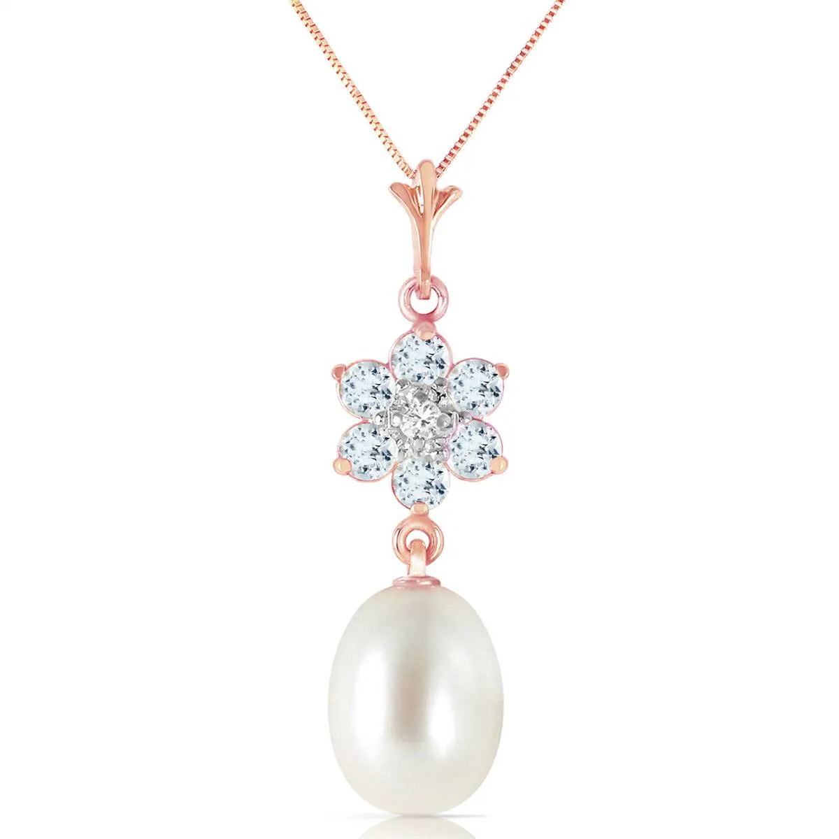 4.53 Carat 14K Solid Rose Gold Necklace Natural Pearl, Aquamarine Diamond