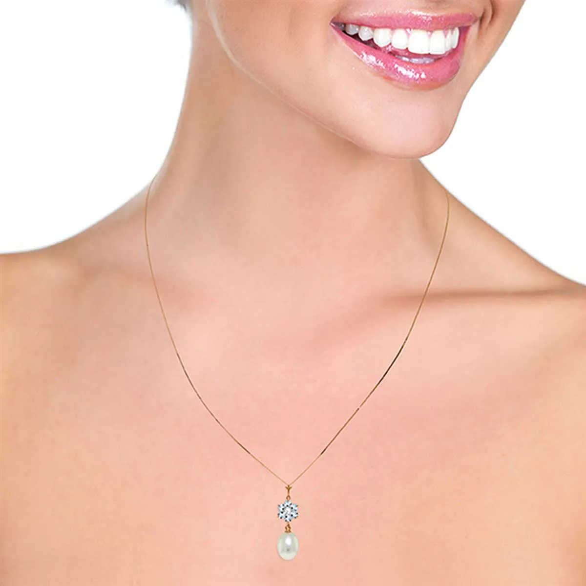 4.53 Carat 14K Solid Rose Gold Necklace Natural Pearl, Aquamarine Diamond