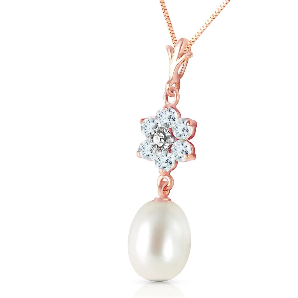 4.53 Carat 14K Solid Rose Gold Necklace Natural Pearl, Aquamarine Diamond