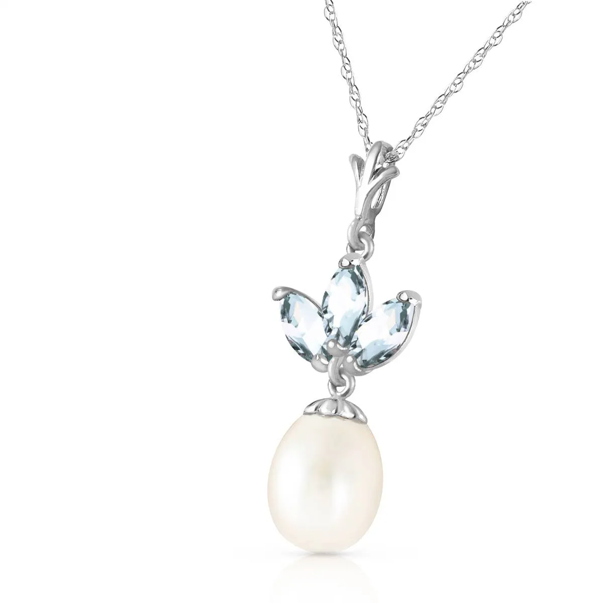 4.75 Carat 14K Solid White Gold Necklace Pearl Aquamarine