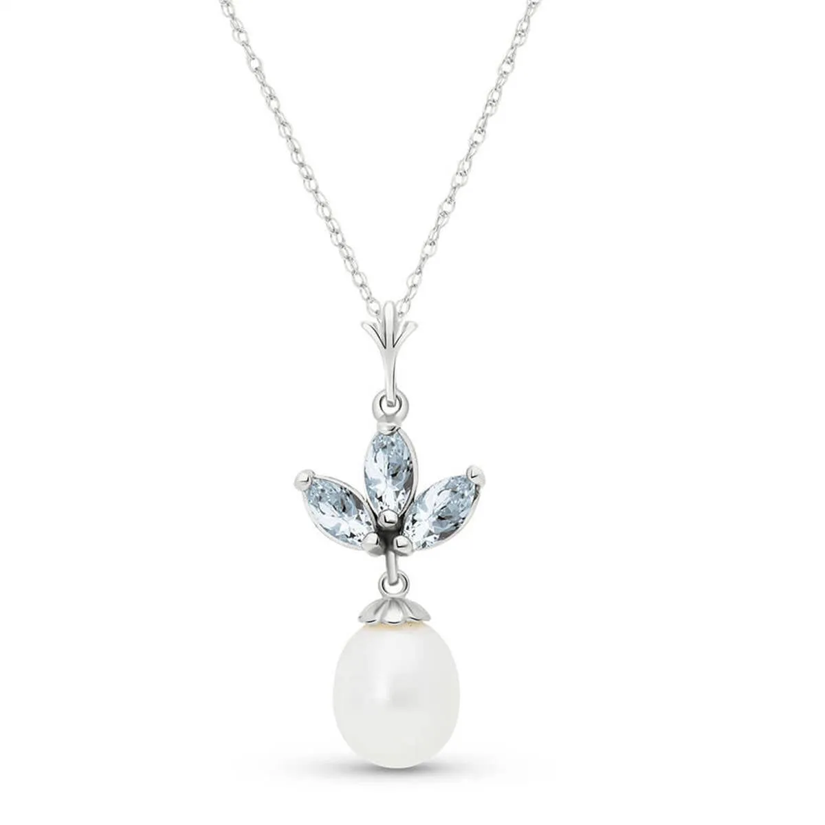 4.75 Carat 14K Solid White Gold Necklace Pearl Aquamarine