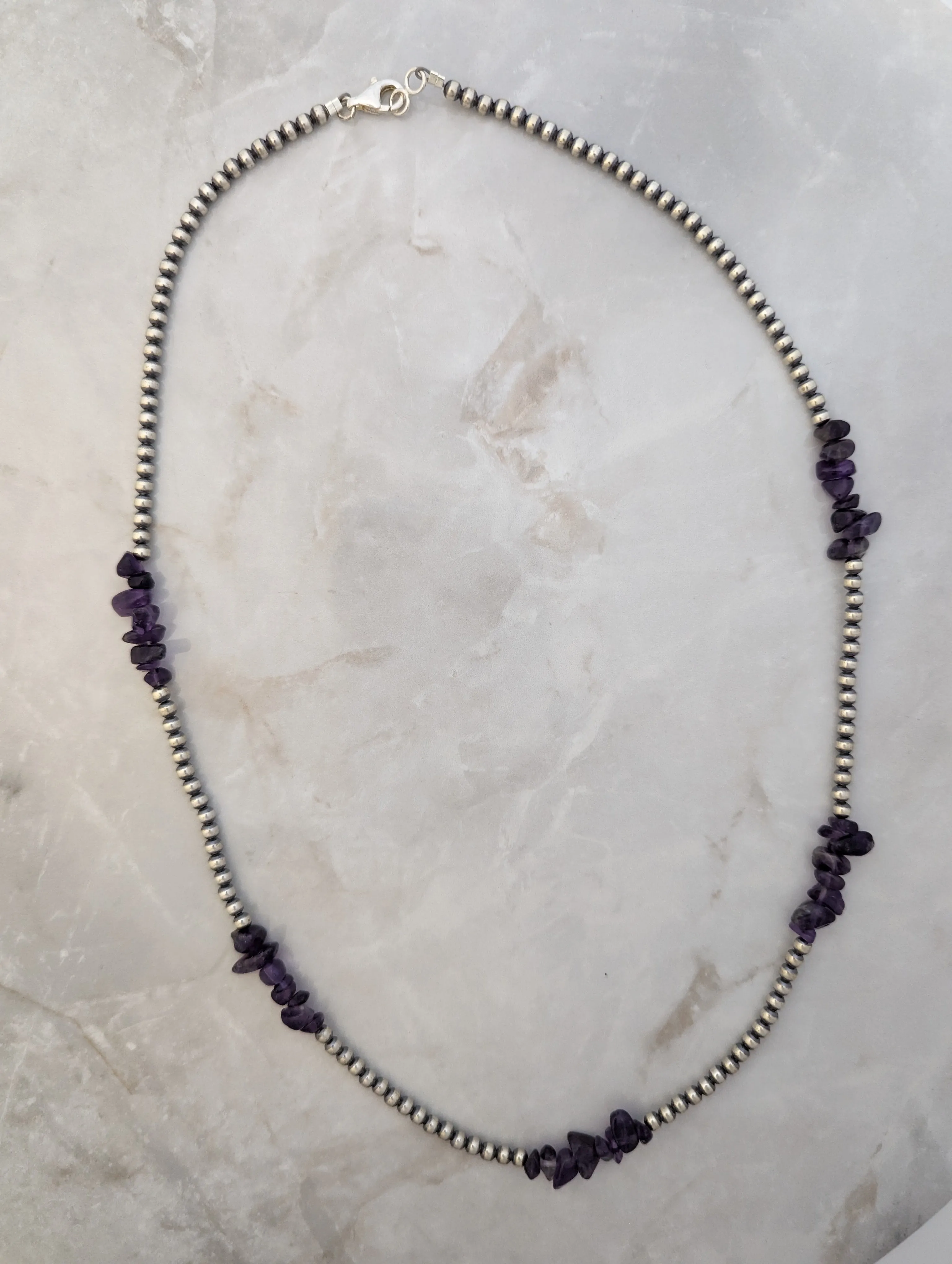 4mm Navajo Pearls & Amethyst Chip Necklace Sterling Silver