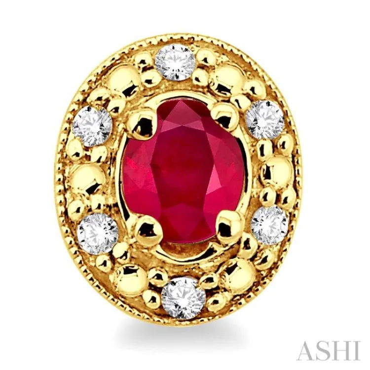 4x3 MM Oval Shaped Ruby and 1/10 Ctw Single Cut Diamond Earrings in 14K Yellow Gold